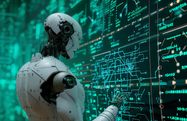 humanoid robot is standing in front of mathematics illustrations