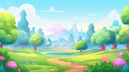 cartoon landscape featuring lush greenery, a serene pond, and distant mountains under a clear sky.
