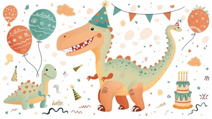 Fototapeta premium Cartoon dinosaur with birthday balloons, cake, and hats in a colorful birthday celebration scene.