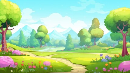 Naklejka premium 2d cartoon landscape featuring lush greenery, a serene pond, and distant mountains under a clear sky.