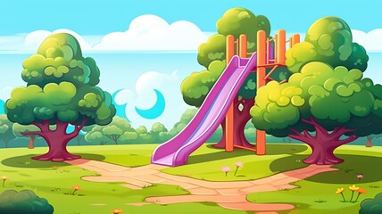 cartoon illustration Kids playground with slides and tube in the park.