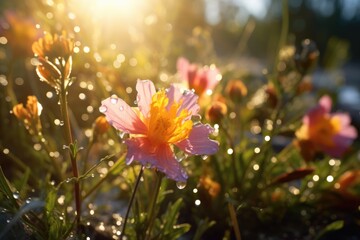 Morning dew on wildflowers at sunrise.