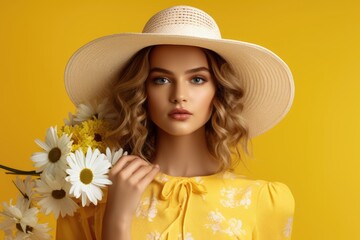 Stylish woman in yellow dress with daisy flower on yellow background.