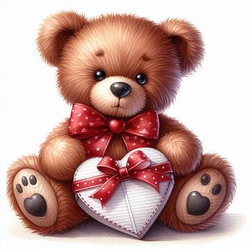 Valentine's Day - a single teddy bear sitting, It has brown with black button eyes, a stitched mouth, and a bow around its neck.  It is hugging a heart-shaped pillow.