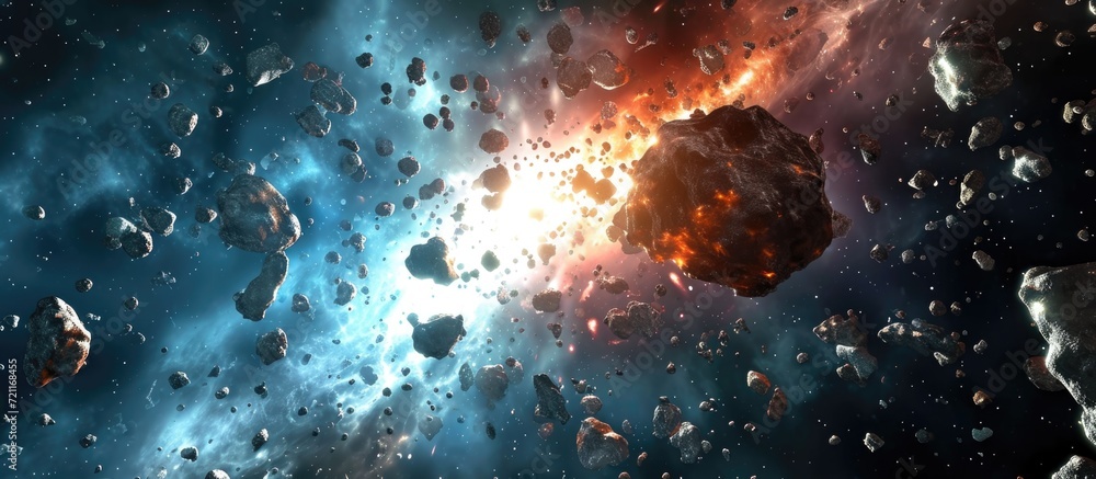 Poster 3d depiction of an asteroid field in space.