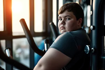 Poster Im Rahmen Portrait of a nice fat boy in the gym © Jelena