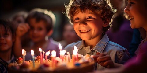 Obraz na płótnie Canvas Joyful child celebrates birthday with friends and cake. candles glow warmly. a memorable party moment. childhood delight highlighted. AI
