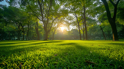 beautiful morning light in public park with green grass field an. generative ai
