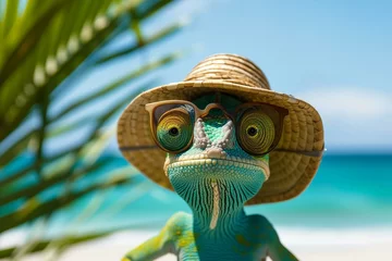 Tuinposter chameleon wearing sun glasses and straw hat with sea and palm trees in background © World of AI