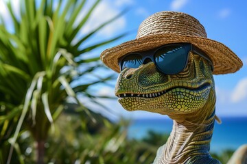 dinosaur wearing sun glasses and straw hat with sea and palm trees in background