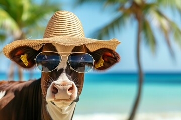 cow wearing sun glasses and straw hat with sea and palm trees in background