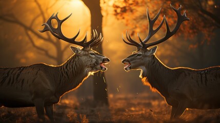 two stags are fighting in the middle of the savanna with sunrise