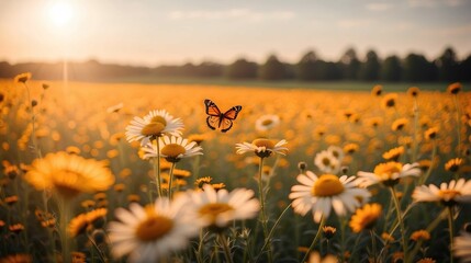 Field of daisies in golden rays of the setting sun in spring summer nature with an orange butterfly outdoors. Use for wallpaper