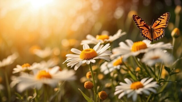 Field of daisies in golden rays of the setting sun in spring summer nature with an orange butterfly outdoors
