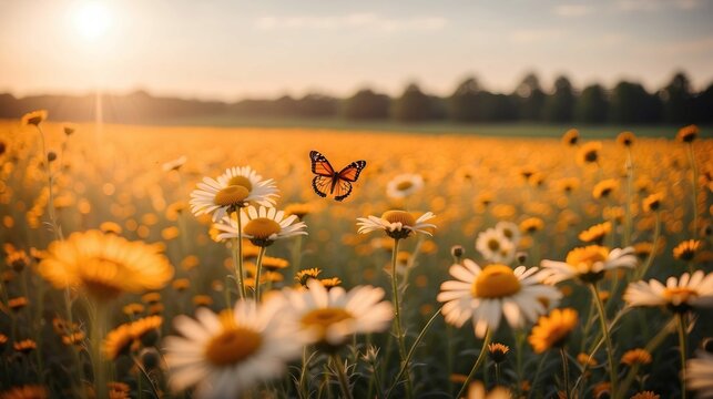 Field of daisies in golden rays of the setting sun in spring summer nature with an orange butterfly outdoors. Use for wallpaper - Powered by Adobe