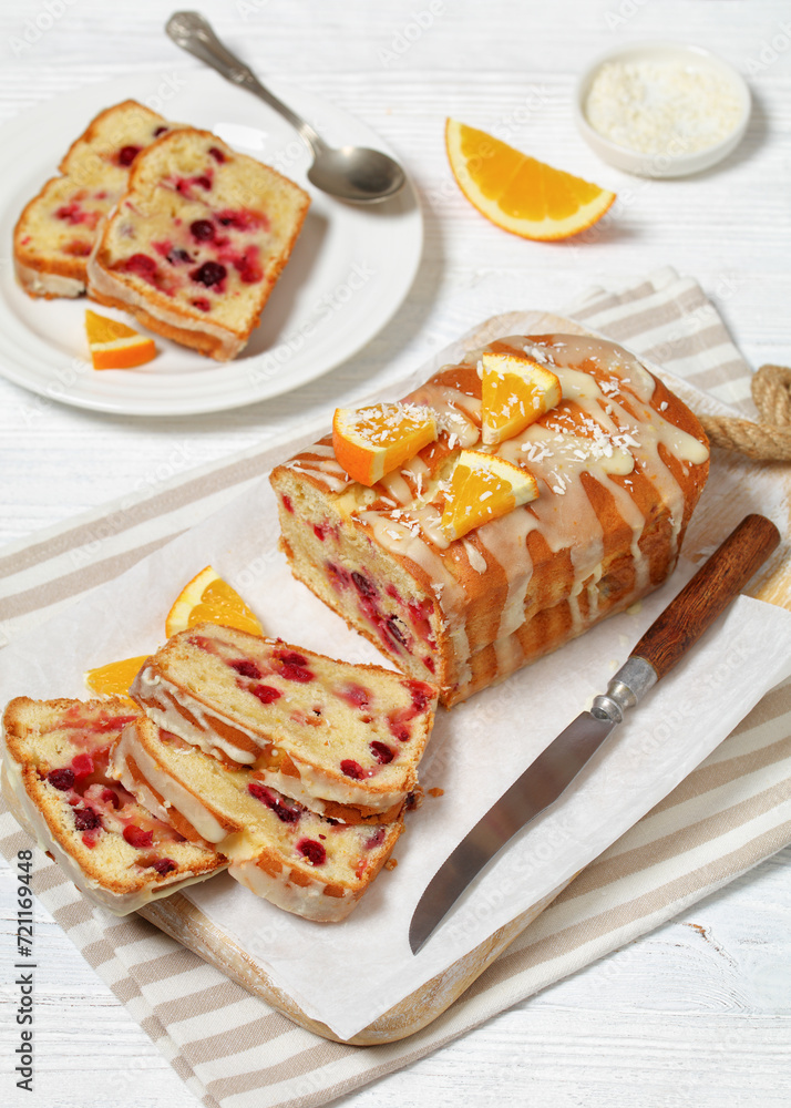 Poster orange cranberry loaf with orange glaze, top view