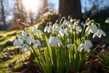 Sunlit garden blooms with first spring snowdrops.