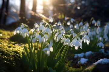 Obraz premium Sunlit garden blooms with first spring snowdrops.