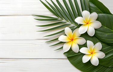 plumeria flower with green palm leaves flat lay on white wooden table background top view
