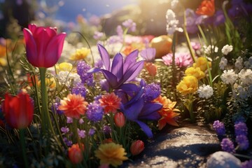 Beautiful spring flowers in Easter background.