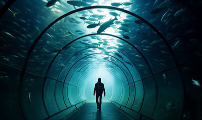 a person walking through an underwater tunnel full of fish