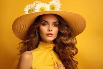 Stylish woman in yellow dress with daisy flower on yellow background.