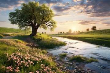Obraz premium Beautiful spring scene with lone tree near river.