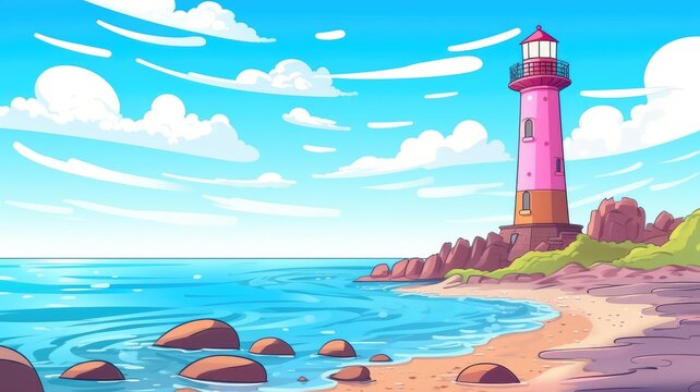 cartoon illustration Lighthouse on sea shore,