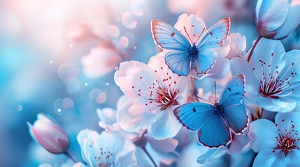 Close-up of vibrant blue butterflies on delicate cherry blossoms, with a dreamy bokeh background in soft blue and pink hues. - obrazy, fototapety, plakaty