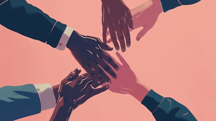 Illustration of a multiracial team stacking hands, symbolizing unity, teamwork, and cooperation in a corporate or community setting.