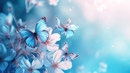 Three delicate blue butterflies perched on white spring blossoms, with a soft-focus background in shades of turquoise and light blue.
