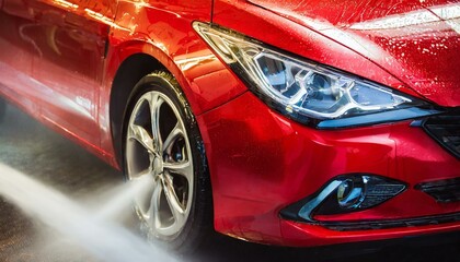 High-Pressure Car Wash on Red Luxury Sports Car