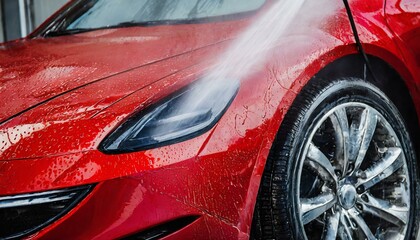 Obraz na płótnie Canvas Close-Up of Red Sports Car During Intensive Car Wash