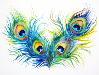 Fototapeta premium Watercolor Peacock Feather Isolated, Aquarelle Plumage, Creative Watercolor Exotic Feather Texture