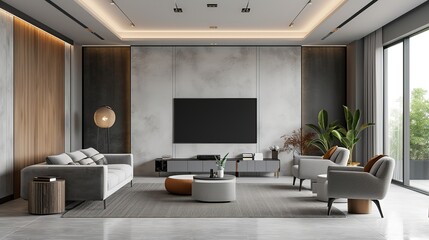 Obraz premium Contemporary living room showcasing stylish furniture, clean lines, and a neutral color palette, with natural light enhancing the minimalist design.