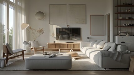 Fototapeta na wymiar Serene scandinavian-style living room bathed in natural light, featuring minimalist furniture, a neutral color scheme, and elegant, simple decor.