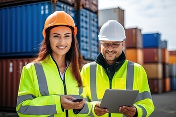 Female Industrial Engineer, Beautiful Girl in Hard Hat with Tablet Computer, Generative AI Illustration