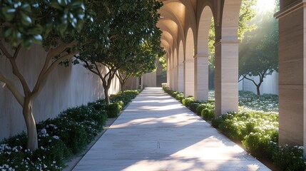 Fototapeta premium A picturesque garden walkway framed by an arched colonnade, bathed in the soft light of the morning sun, creates a serene and meditative ambiance.