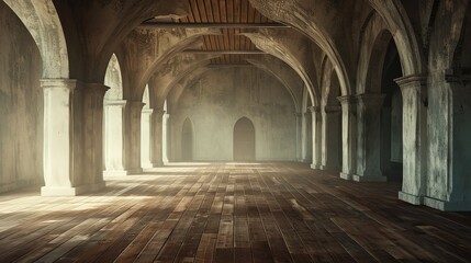 A grand, ancient hallway with arched ceilings and wooden flooring, filled with soft sunlight filtering through the windows.