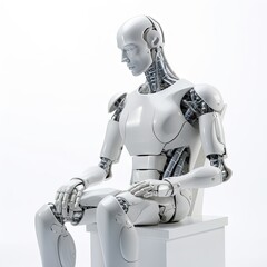 Artificial Intelligence Sitting on Chair Isolated, AI Takes Jobs away from People, Cyborg Candidate Awaiting