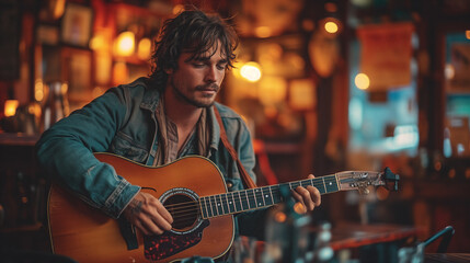 handsome guy musician with tousled hair and beard in old denim jacket playing guitar in bar - Powered by Adobe