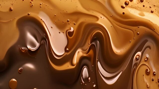 Stirring chocolate, hot melted liquid chocolate, mixing molten milk chocolate or dark caramel. Cooking handmade chocolate dessert and candies. Confectionery background texture flowing delicious