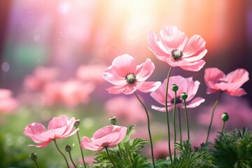 Obraz premium Pink flower anemones and butterfly in nature.