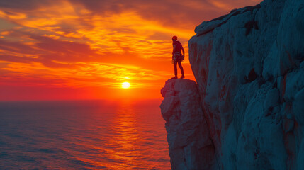 a rock climber stands on the edge of a steep cliff with a vertical ascent and admires an incredible view of the sea and the sky on which the sunset shimmers with red-orange beautiful colors