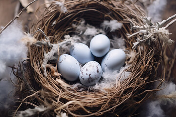 Obraz premium Nest with blue eggs, creating a delicate and symbolic scene of new life and springtime.