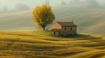 petite ferme isol&eacute;e dans la campagne, lumi&egrave;re d'automne