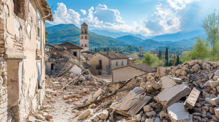 petit village rural détruit après un tremblement de terre, dégâts important dû à un séisme de forte magnitude - obrazy, fototapety, plakaty