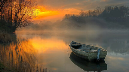 barque en bois abandonnée sur un lac au soleil couchant