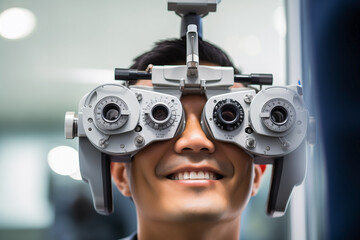 Asian man visiting the ophthalmologist for an eye exam using the phoropter machine during eye care appointment. Person is having vision test at the optical store. Optical diagnostic consultation.