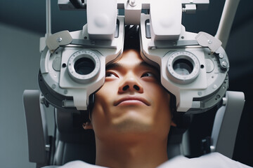 Asian man visiting the ophthalmologist for an eye exam using the phoropter machine during eye care appointment. Person is having vision test at the optical store.